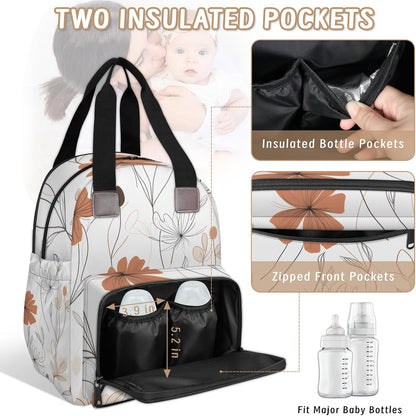 Colorful Leaf Flowers Diaper Bag Backpack for Travel, Waterproof Diaper Bag with Insulated Bottle Pockets & USB Port, Large Capacity Baby Bag for Moms & Dads