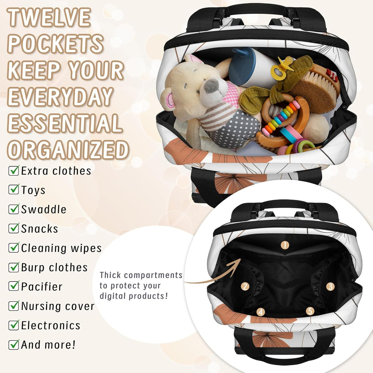 Colorful Leaf Flowers Diaper Bag Backpack for Travel, Waterproof Diaper Bag with Insulated Bottle Pockets & USB Port, Large Capacity Baby Bag for Moms & Dads