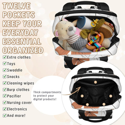 Colorful Leaf Flowers Diaper Bag Backpack for Travel, Waterproof Diaper Bag with Insulated Bottle Pockets & USB Port, Large Capacity Baby Bag for Moms & Dads