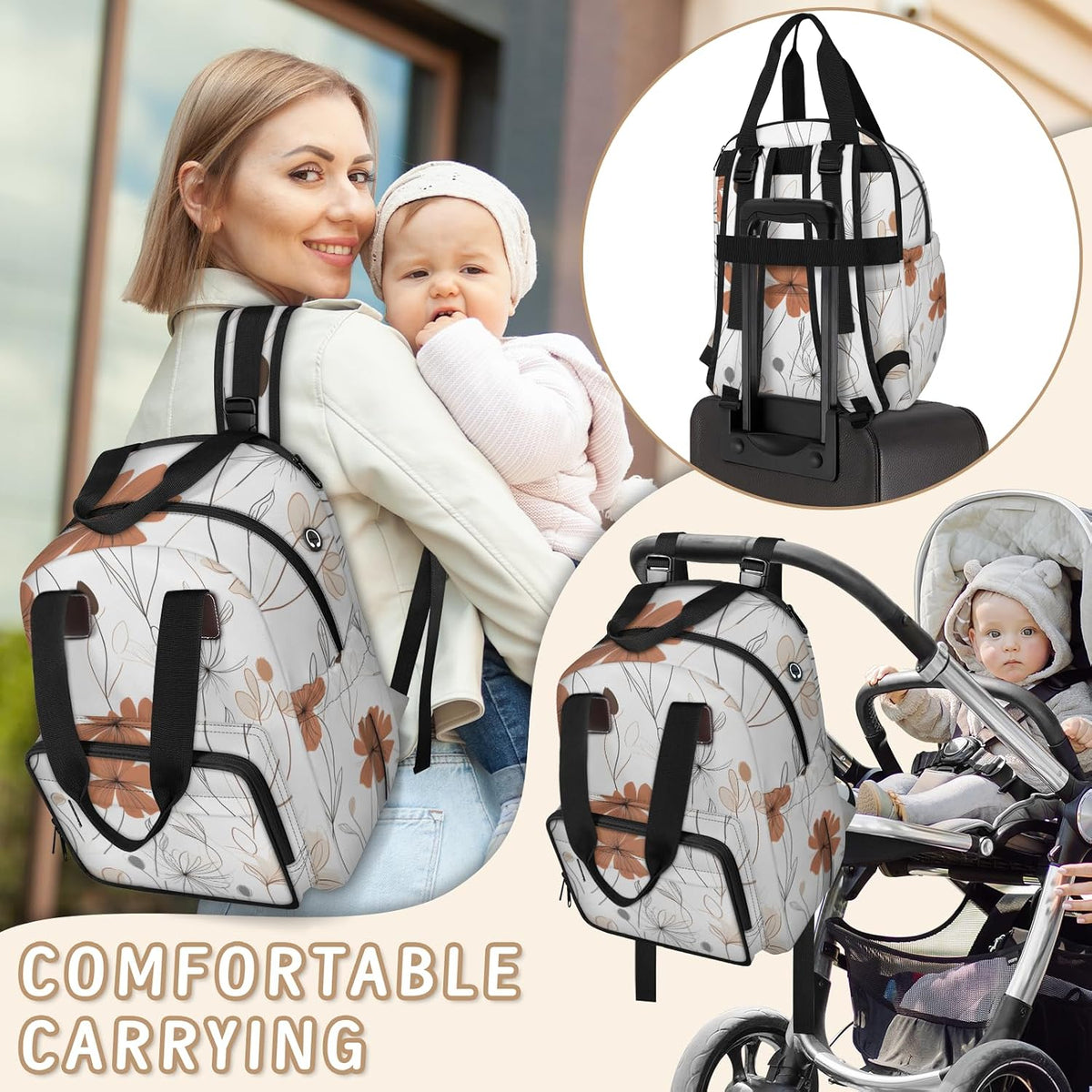 Colorful Leaf Flowers Diaper Bag Backpack for Travel, Waterproof Diaper Bag with Insulated Bottle Pockets & USB Port, Large Capacity Baby Bag for Moms & Dads