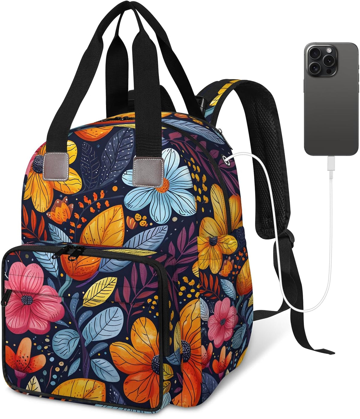 Colorful Leaf Flowers Diaper Bag Backpack for Travel, Waterproof Diaper Bag with Insulated Bottle Pockets & USB Port, Large Capacity Baby Bag for Moms & Dads