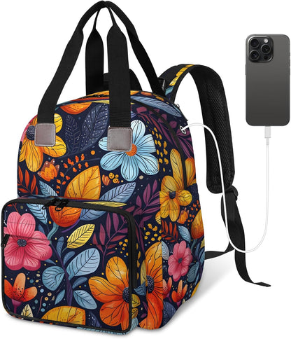 Colorful Leaf Flowers Diaper Bag Backpack for Travel, Waterproof Diaper Bag with Insulated Bottle Pockets & USB Port, Large Capacity Baby Bag for Moms & Dads