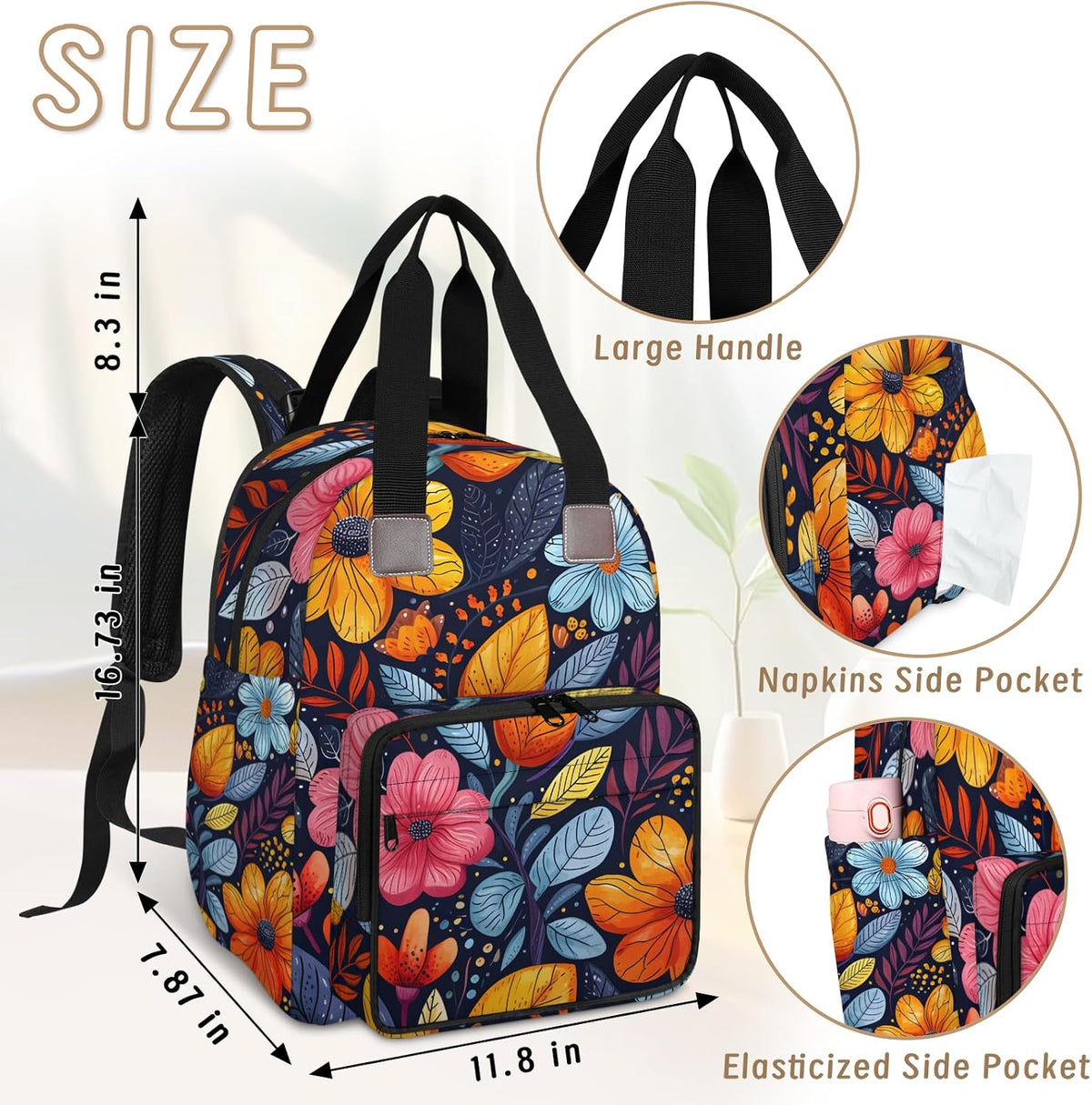 Colorful Leaf Flowers Diaper Bag Backpack for Travel, Waterproof Diaper Bag with Insulated Bottle Pockets & USB Port, Large Capacity Baby Bag for Moms & Dads