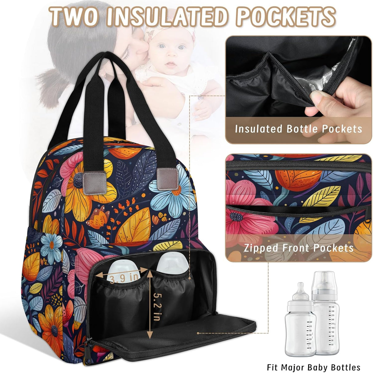 Colorful Leaf Flowers Diaper Bag Backpack for Travel, Waterproof Diaper Bag with Insulated Bottle Pockets & USB Port, Large Capacity Baby Bag for Moms & Dads