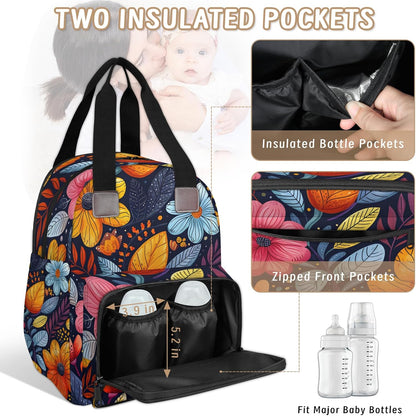 Colorful Leaf Flowers Diaper Bag Backpack for Travel, Waterproof Diaper Bag with Insulated Bottle Pockets & USB Port, Large Capacity Baby Bag for Moms & Dads