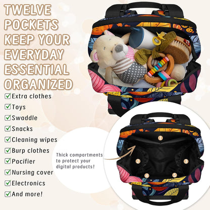 Colorful Leaf Flowers Diaper Bag Backpack for Travel, Waterproof Diaper Bag with Insulated Bottle Pockets & USB Port, Large Capacity Baby Bag for Moms & Dads