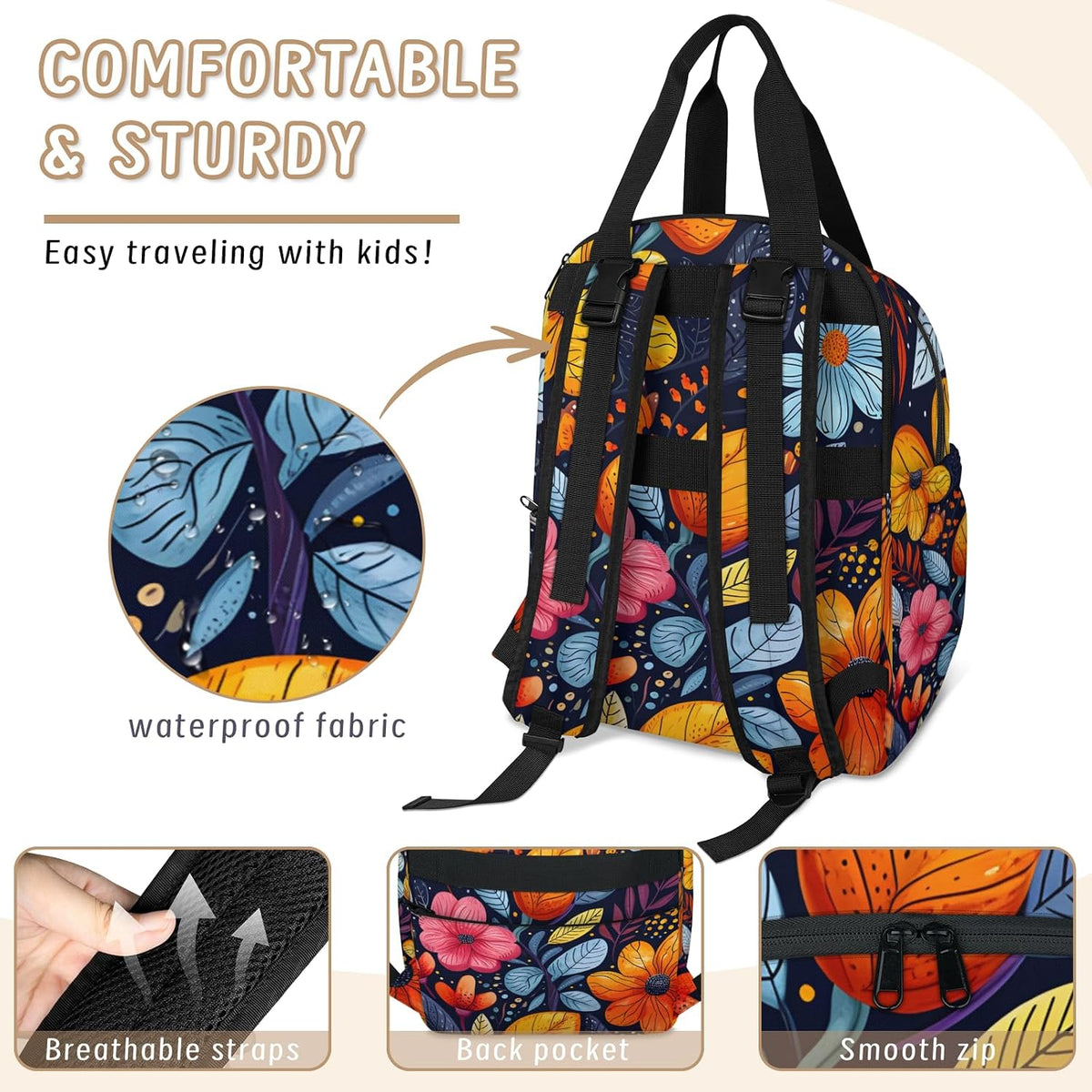 Colorful Leaf Flowers Diaper Bag Backpack for Travel, Waterproof Diaper Bag with Insulated Bottle Pockets & USB Port, Large Capacity Baby Bag for Moms & Dads