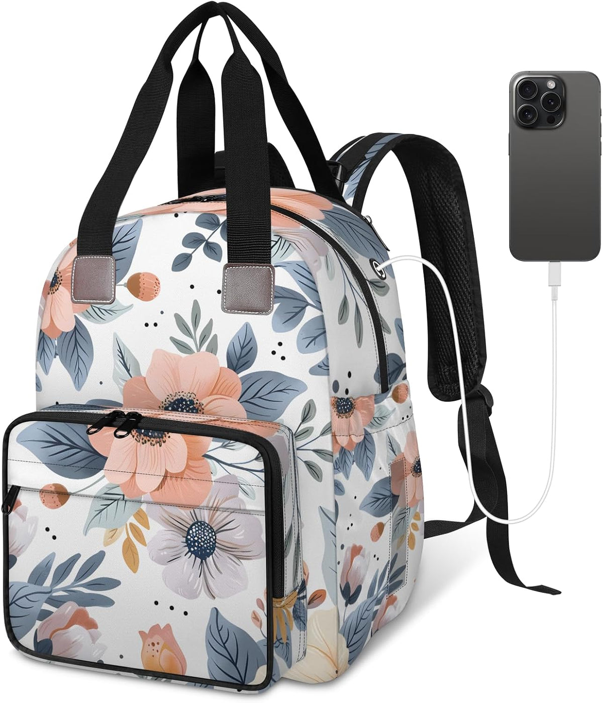 Colorful Leaf Flowers Diaper Bag Backpack for Travel, Waterproof Diaper Bag with Insulated Bottle Pockets & USB Port, Large Capacity Baby Bag for Moms & Dads