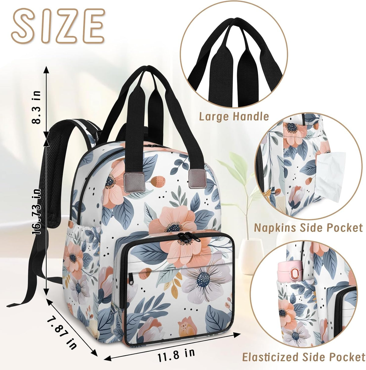 Colorful Leaf Flowers Diaper Bag Backpack for Travel, Waterproof Diaper Bag with Insulated Bottle Pockets & USB Port, Large Capacity Baby Bag for Moms & Dads