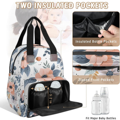 Colorful Leaf Flowers Diaper Bag Backpack for Travel, Waterproof Diaper Bag with Insulated Bottle Pockets & USB Port, Large Capacity Baby Bag for Moms & Dads