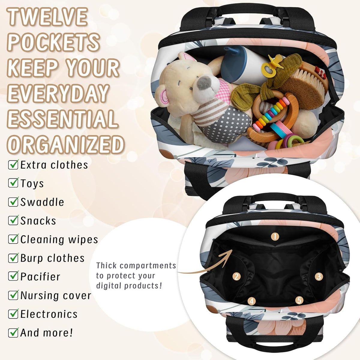 Colorful Leaf Flowers Diaper Bag Backpack for Travel, Waterproof Diaper Bag with Insulated Bottle Pockets & USB Port, Large Capacity Baby Bag for Moms & Dads