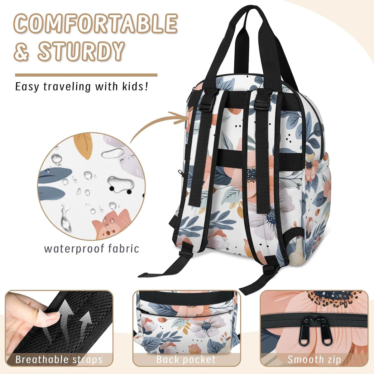 Colorful Leaf Flowers Diaper Bag Backpack for Travel, Waterproof Diaper Bag with Insulated Bottle Pockets & USB Port, Large Capacity Baby Bag for Moms & Dads