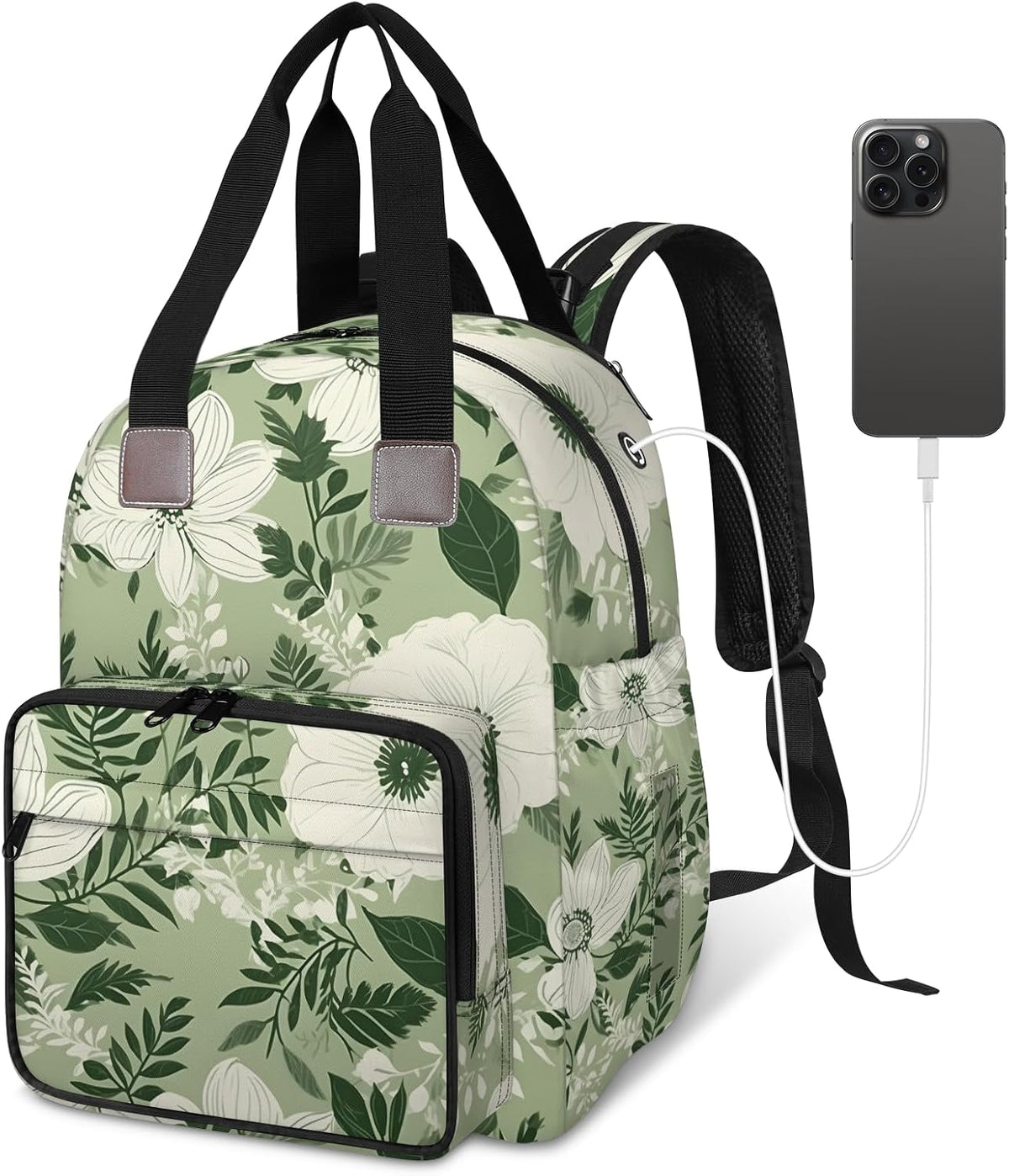 Colorful Leaf Flowers Diaper Bag Backpack for Travel, Waterproof Diaper Bag with Insulated Bottle Pockets & USB Port, Large Capacity Baby Bag for Moms & Dads