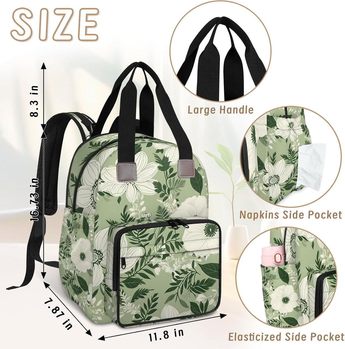 Colorful Leaf Flowers Diaper Bag Backpack for Travel, Waterproof Diaper Bag with Insulated Bottle Pockets & USB Port, Large Capacity Baby Bag for Moms & Dads