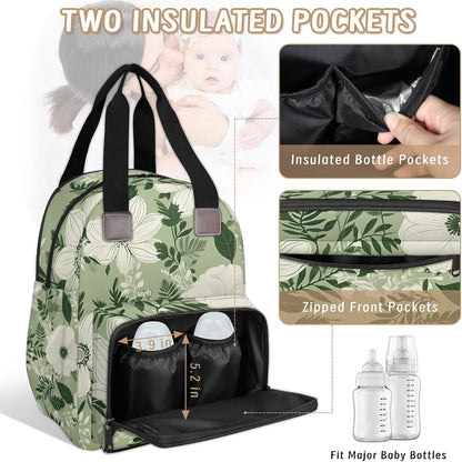 Colorful Leaf Flowers Diaper Bag Backpack for Travel, Waterproof Diaper Bag with Insulated Bottle Pockets & USB Port, Large Capacity Baby Bag for Moms & Dads