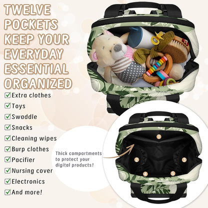 Colorful Leaf Flowers Diaper Bag Backpack for Travel, Waterproof Diaper Bag with Insulated Bottle Pockets & USB Port, Large Capacity Baby Bag for Moms & Dads