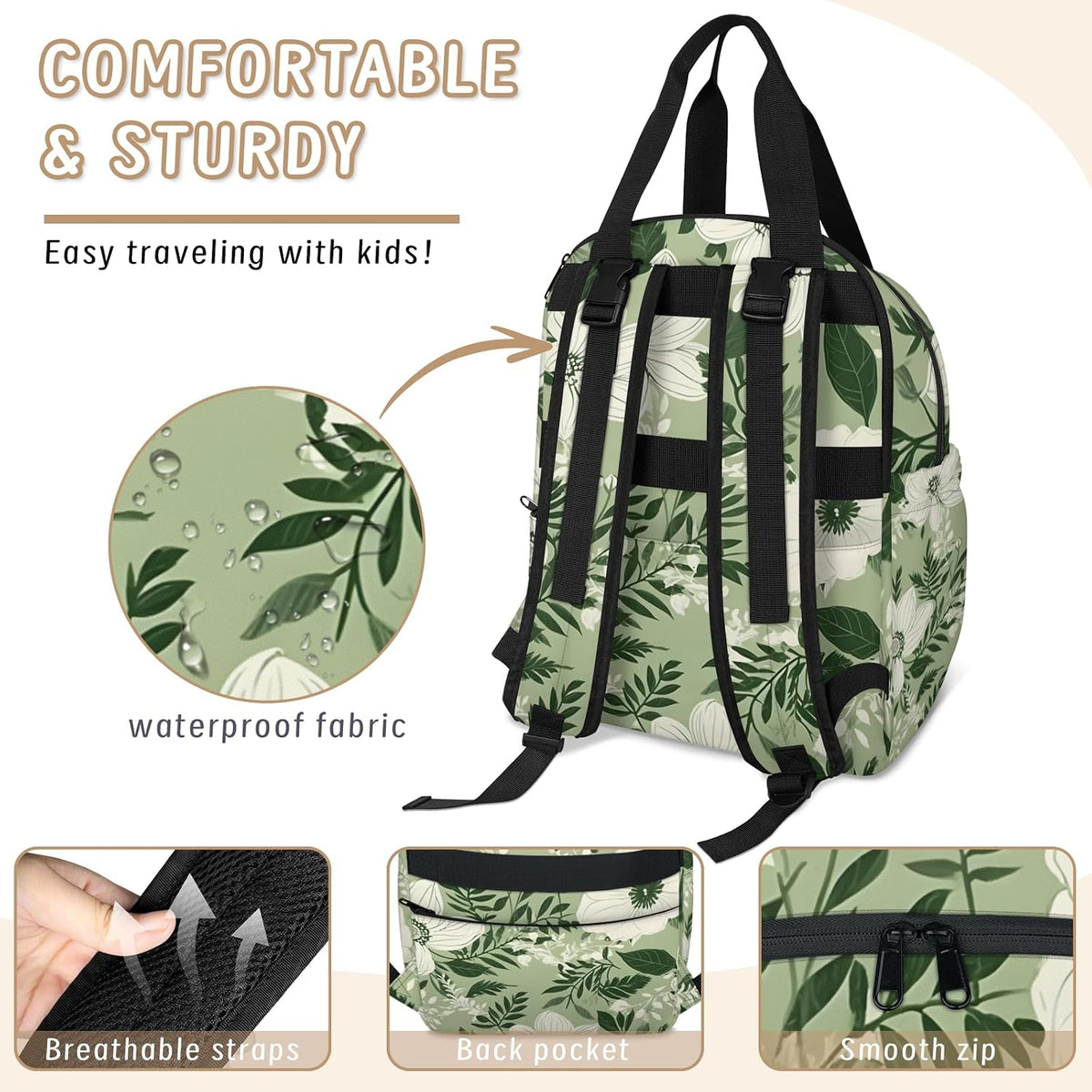 Colorful Leaf Flowers Diaper Bag Backpack for Travel, Waterproof Diaper Bag with Insulated Bottle Pockets & USB Port, Large Capacity Baby Bag for Moms & Dads
