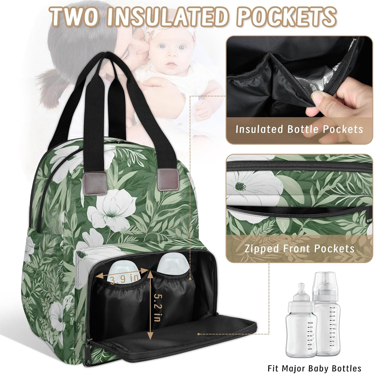 Colorful Leaf Flowers Diaper Bag Backpack for Travel, Waterproof Diaper Bag with Insulated Bottle Pockets & USB Port, Large Capacity Baby Bag for Moms & Dads