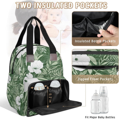 Colorful Leaf Flowers Diaper Bag Backpack for Travel, Waterproof Diaper Bag with Insulated Bottle Pockets & USB Port, Large Capacity Baby Bag for Moms & Dads