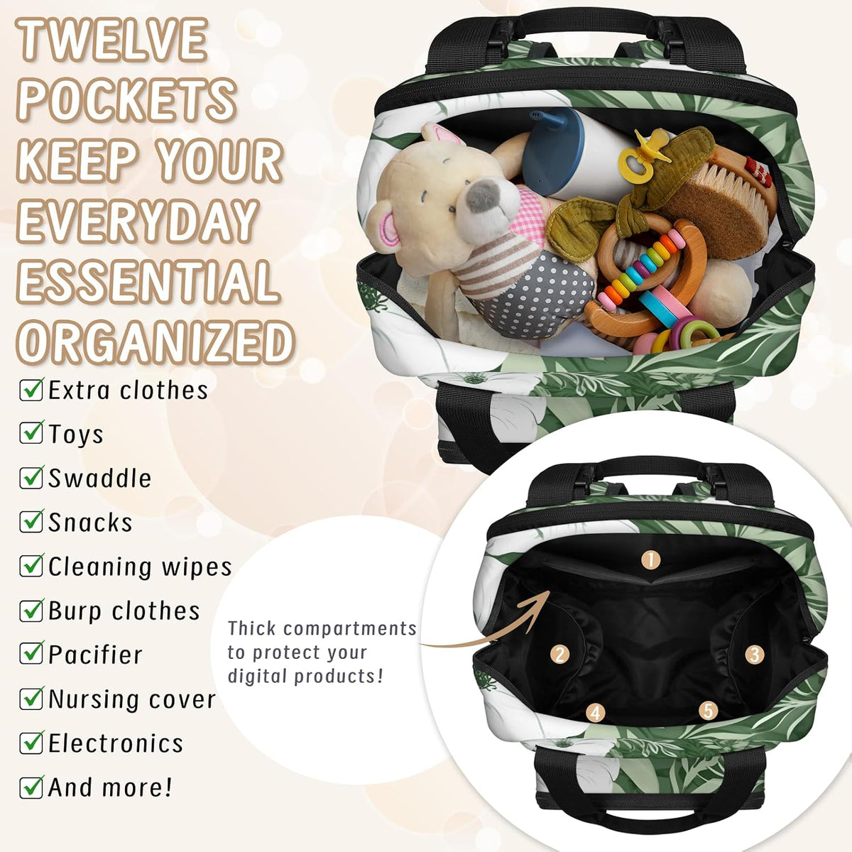 Colorful Leaf Flowers Diaper Bag Backpack for Travel, Waterproof Diaper Bag with Insulated Bottle Pockets & USB Port, Large Capacity Baby Bag for Moms & Dads