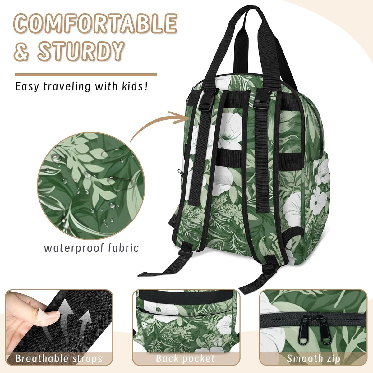 Colorful Leaf Flowers Diaper Bag Backpack for Travel, Waterproof Diaper Bag with Insulated Bottle Pockets & USB Port, Large Capacity Baby Bag for Moms & Dads