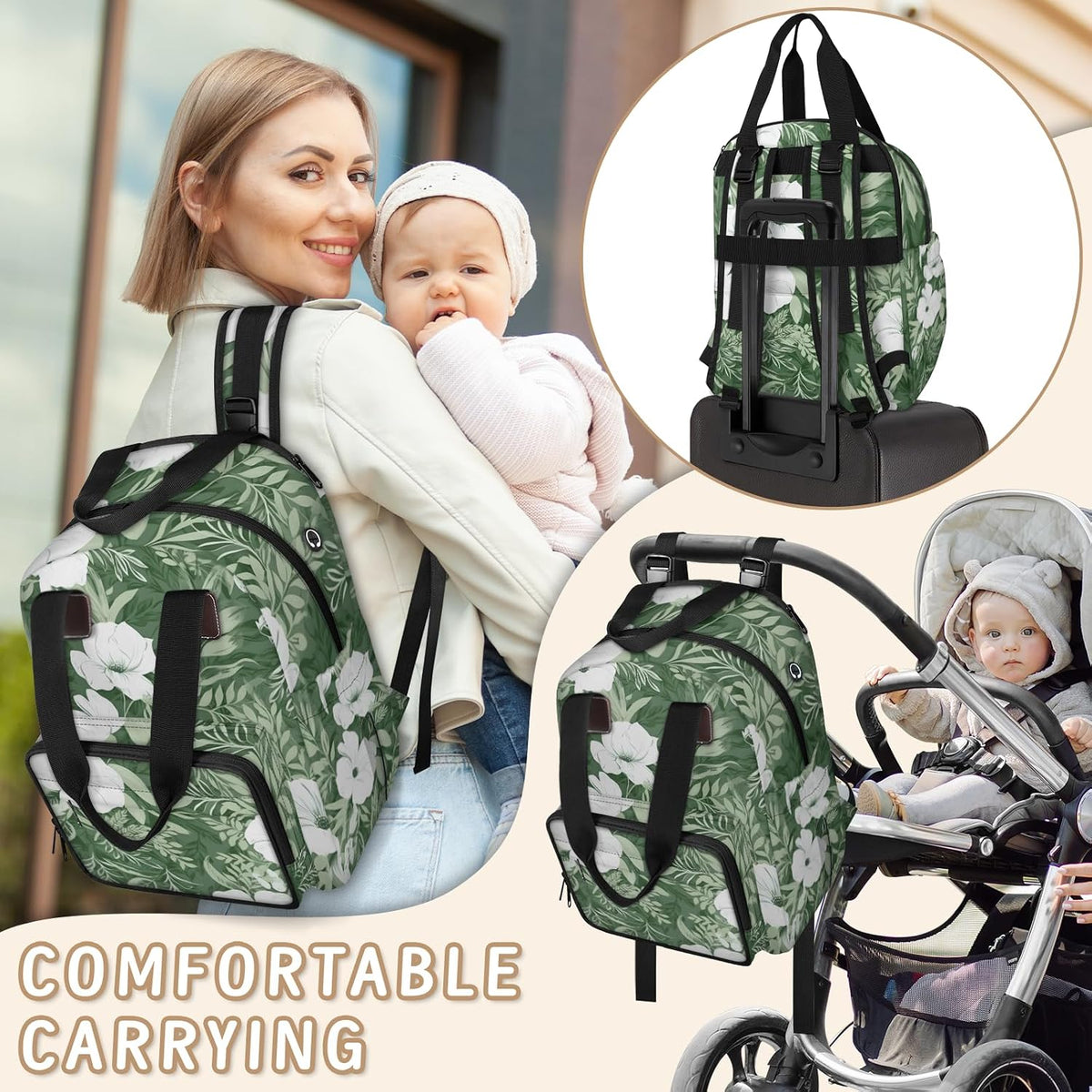 Colorful Leaf Flowers Diaper Bag Backpack for Travel, Waterproof Diaper Bag with Insulated Bottle Pockets & USB Port, Large Capacity Baby Bag for Moms & Dads
