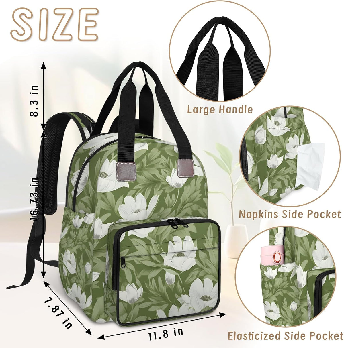 Colorful Leaf Flowers Diaper Bag Backpack for Travel, Waterproof Diaper Bag with Insulated Bottle Pockets & USB Port, Large Capacity Baby Bag for Moms & Dads