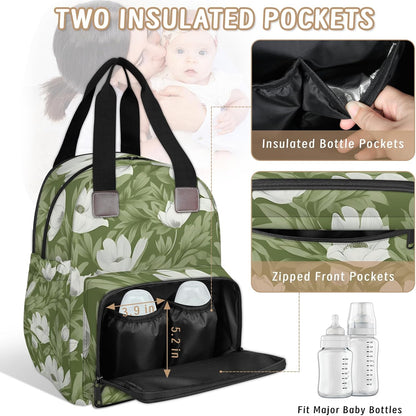 Colorful Leaf Flowers Diaper Bag Backpack for Travel, Waterproof Diaper Bag with Insulated Bottle Pockets & USB Port, Large Capacity Baby Bag for Moms & Dads
