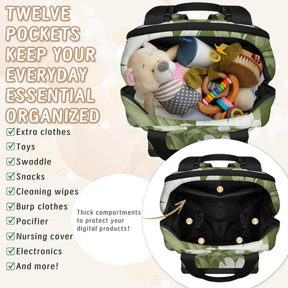 Colorful Leaf Flowers Diaper Bag Backpack for Travel, Waterproof Diaper Bag with Insulated Bottle Pockets & USB Port, Large Capacity Baby Bag for Moms & Dads