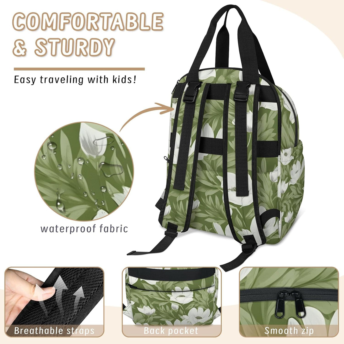 Colorful Leaf Flowers Diaper Bag Backpack for Travel, Waterproof Diaper Bag with Insulated Bottle Pockets & USB Port, Large Capacity Baby Bag for Moms & Dads