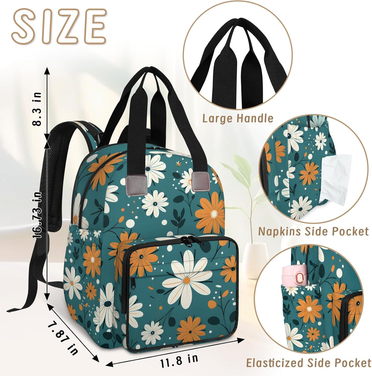 Colorful Leaf Flowers Diaper Bag Backpack for Travel, Waterproof Diaper Bag with Insulated Bottle Pockets & USB Port, Large Capacity Baby Bag for Moms & Dads