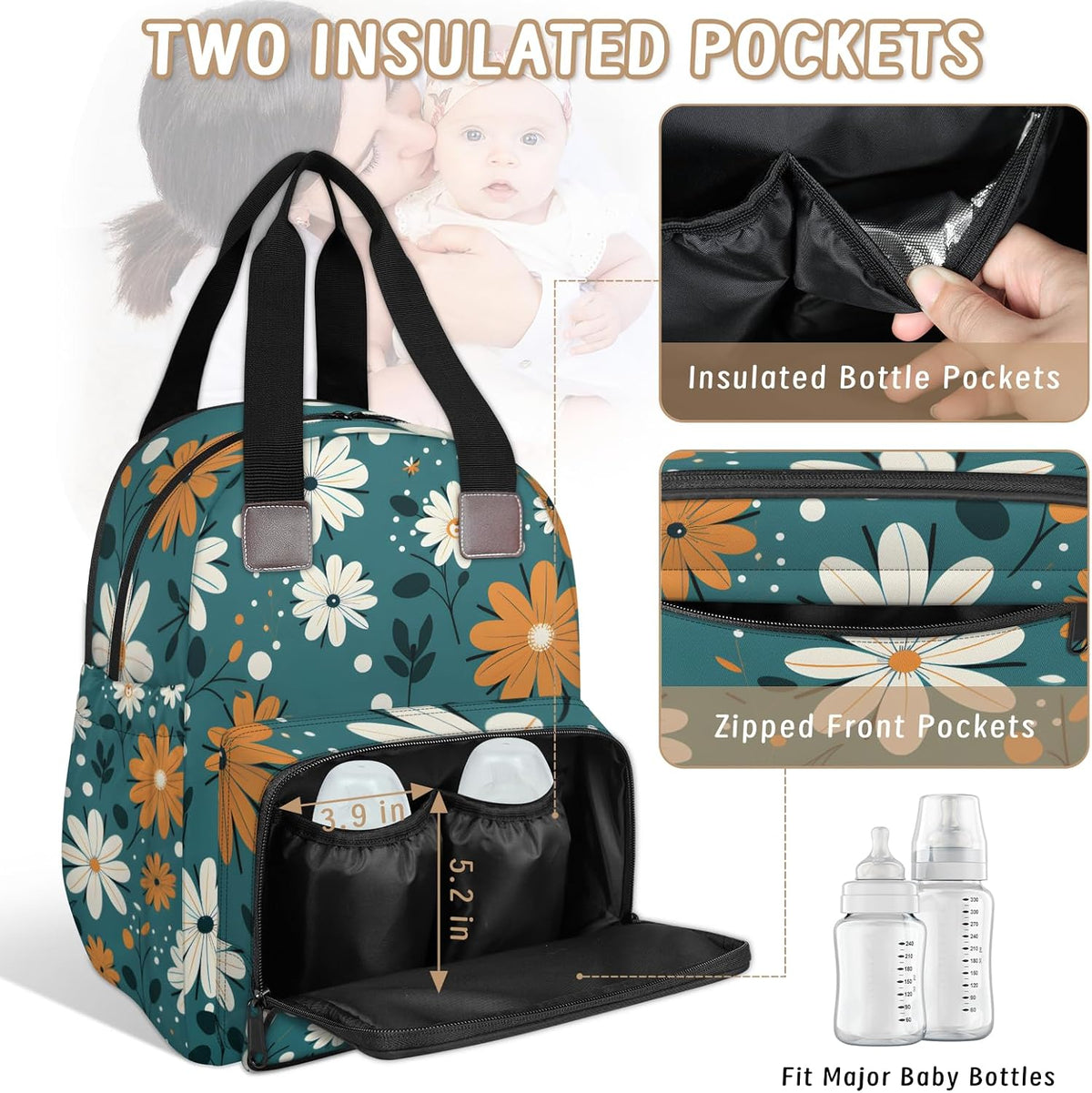 Colorful Leaf Flowers Diaper Bag Backpack for Travel, Waterproof Diaper Bag with Insulated Bottle Pockets & USB Port, Large Capacity Baby Bag for Moms & Dads