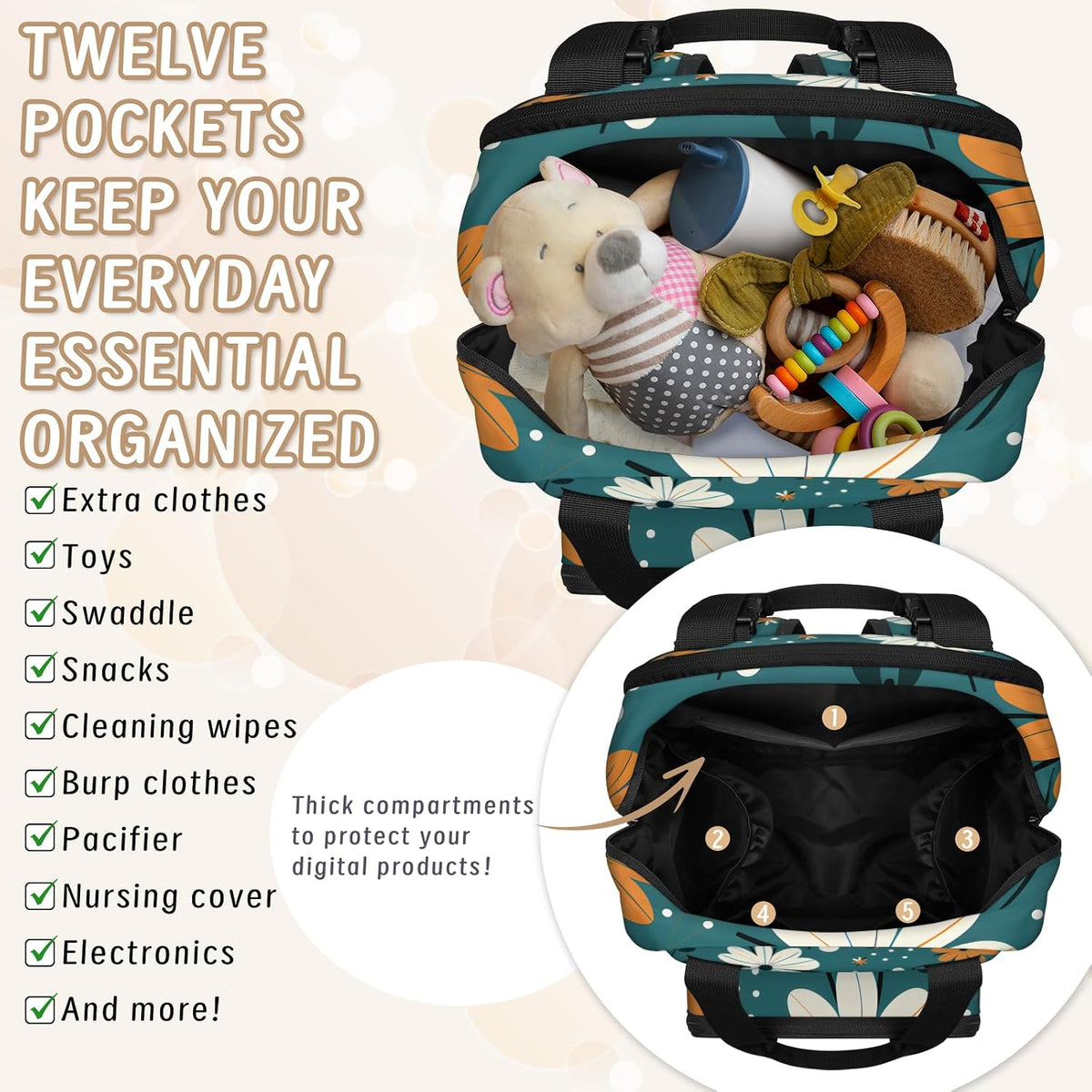 Colorful Leaf Flowers Diaper Bag Backpack for Travel, Waterproof Diaper Bag with Insulated Bottle Pockets & USB Port, Large Capacity Baby Bag for Moms & Dads