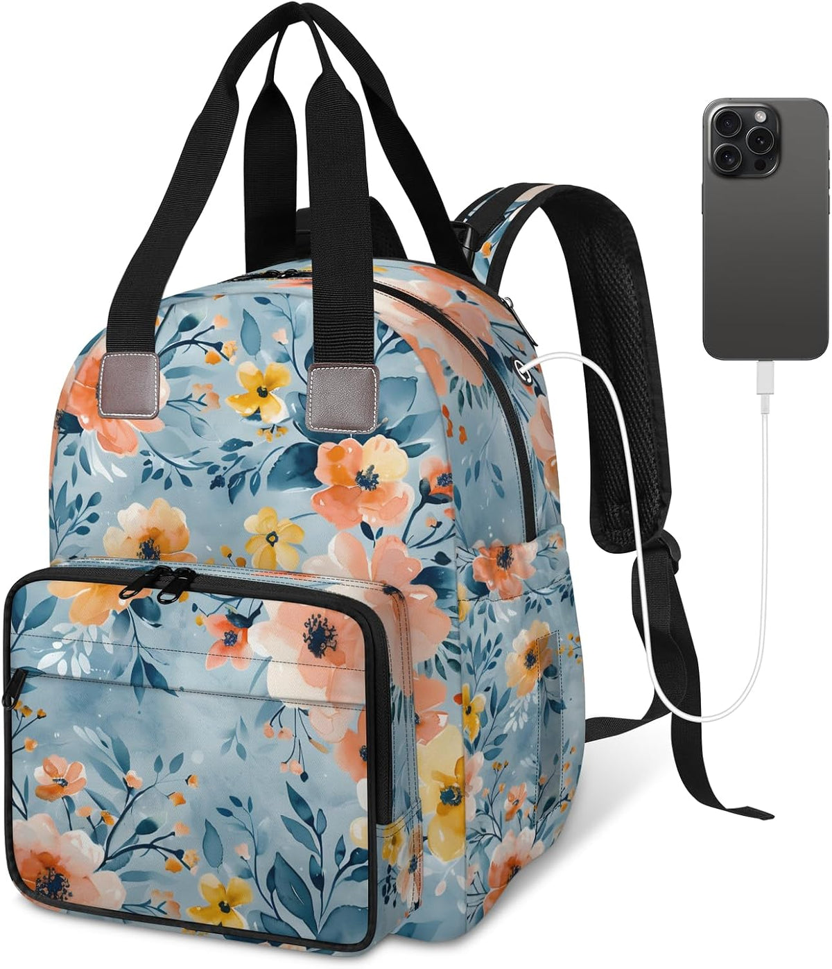 Colorful Leaf Flowers Diaper Bag Backpack for Travel, Waterproof Diaper Bag with Insulated Bottle Pockets & USB Port, Large Capacity Baby Bag for Moms & Dads