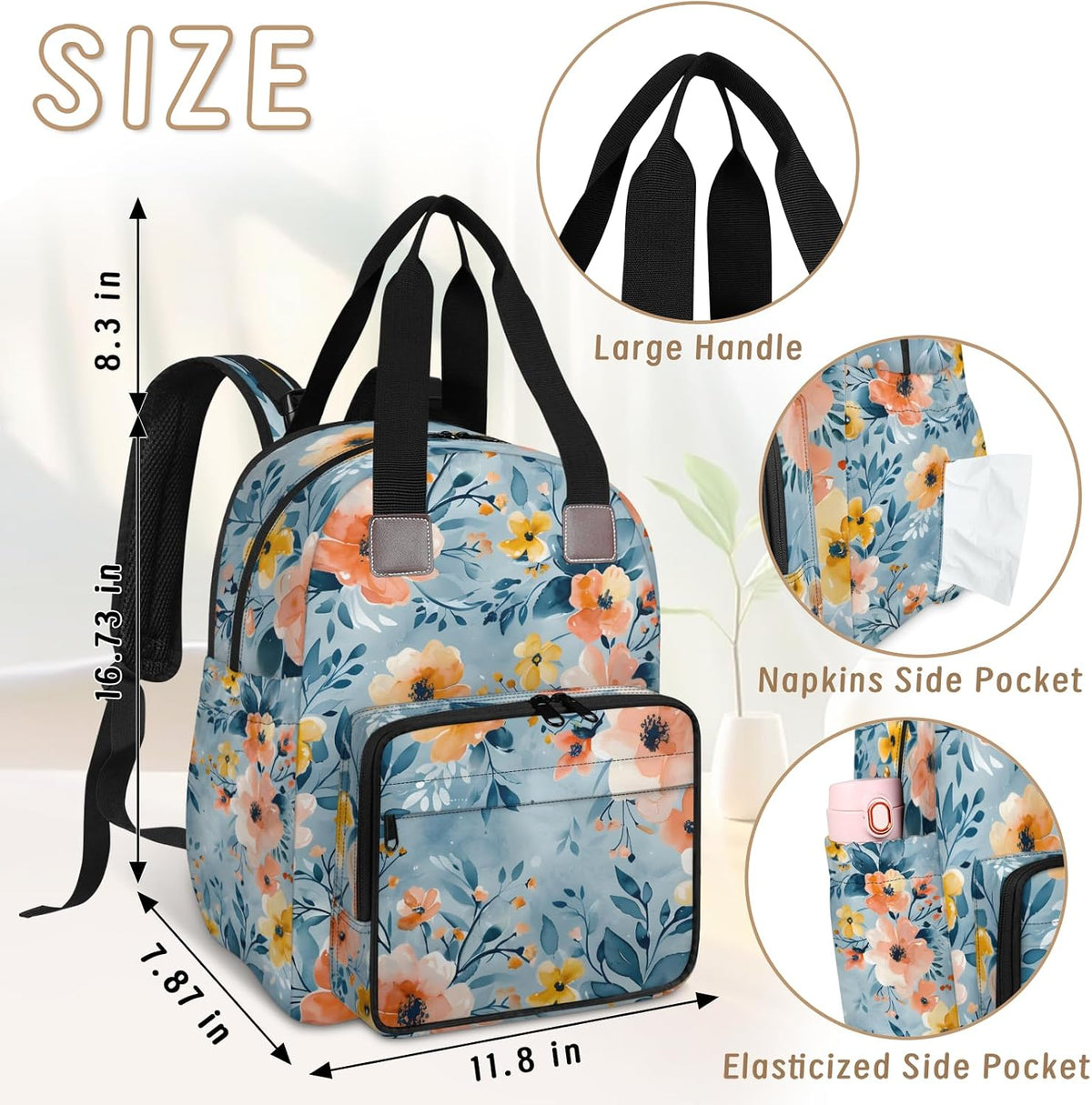 Colorful Leaf Flowers Diaper Bag Backpack for Travel, Waterproof Diaper Bag with Insulated Bottle Pockets & USB Port, Large Capacity Baby Bag for Moms & Dads