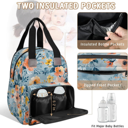 Colorful Leaf Flowers Diaper Bag Backpack for Travel, Waterproof Diaper Bag with Insulated Bottle Pockets & USB Port, Large Capacity Baby Bag for Moms & Dads
