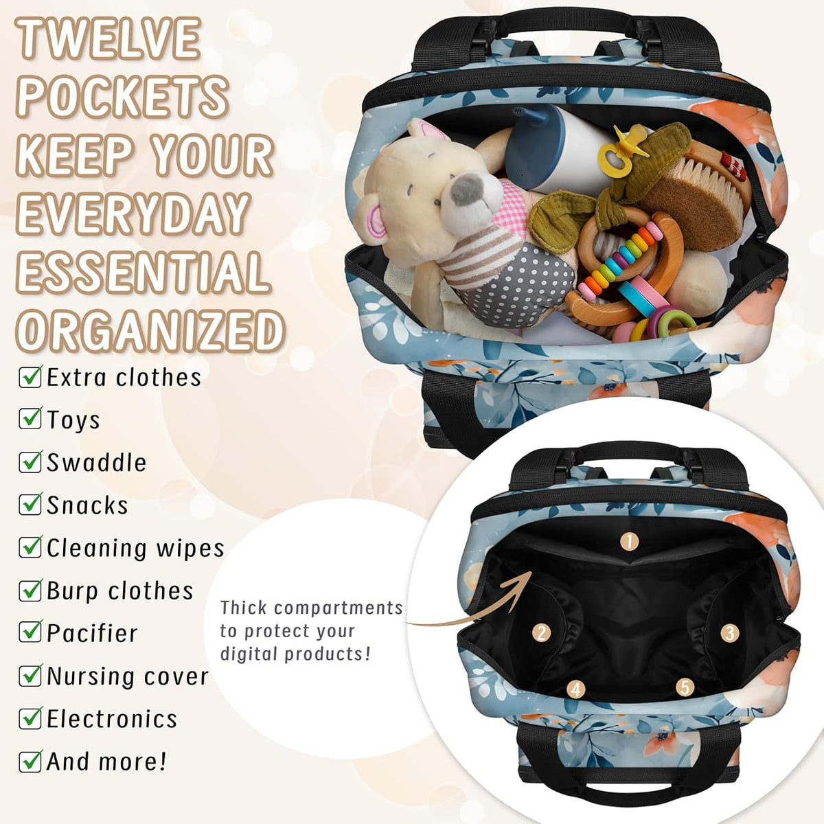 Colorful Leaf Flowers Diaper Bag Backpack for Travel, Waterproof Diaper Bag with Insulated Bottle Pockets & USB Port, Large Capacity Baby Bag for Moms & Dads