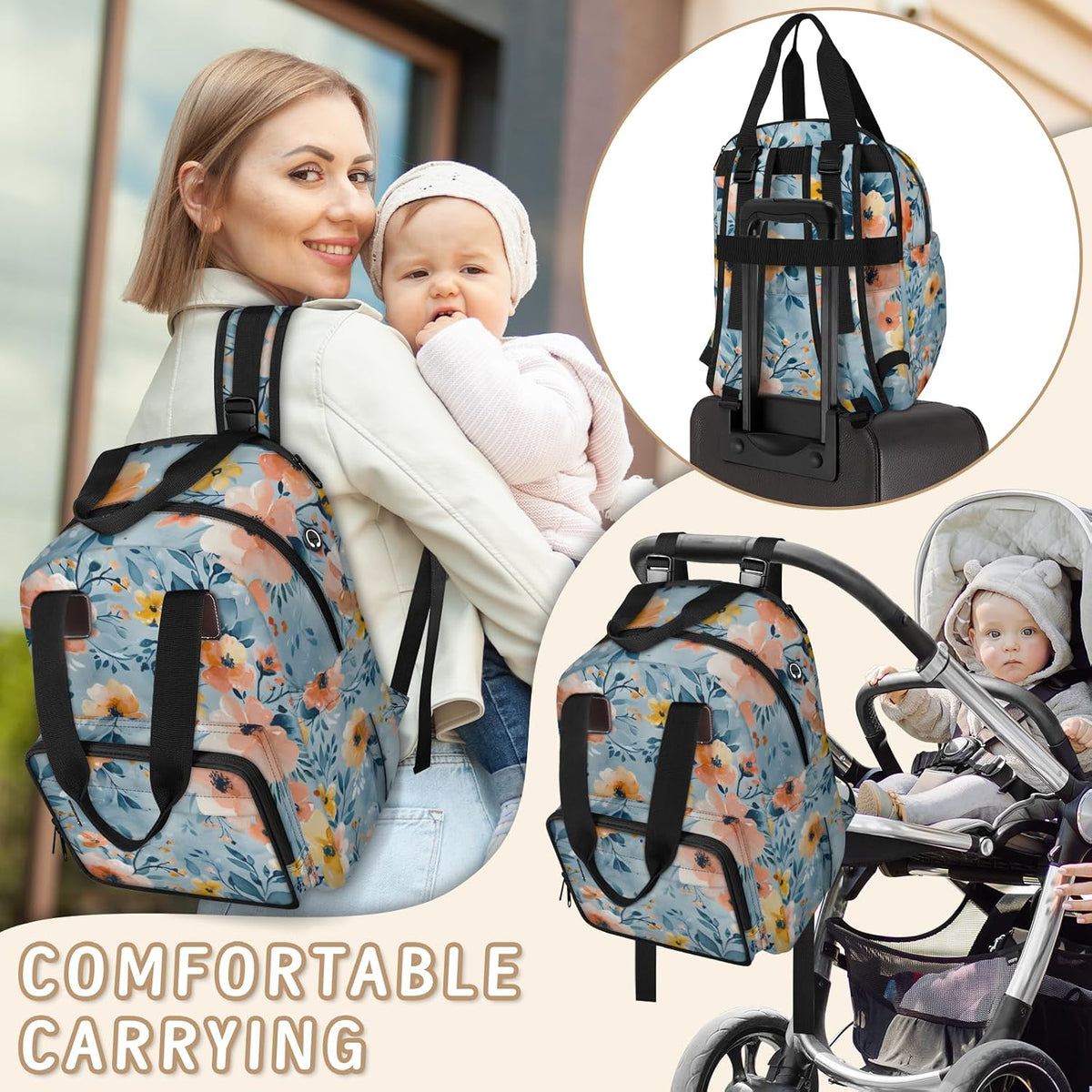 Colorful Leaf Flowers Diaper Bag Backpack for Travel, Waterproof Diaper Bag with Insulated Bottle Pockets & USB Port, Large Capacity Baby Bag for Moms & Dads