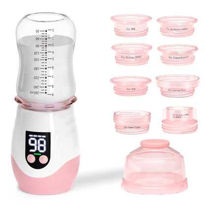 Portable Cordless Baby Bottle Warmer for Travel, Rechargeable with 8 Adapters & 1 Milk Powder Container, Safe Material, Fast Heating, Compatible with Major Brands,White