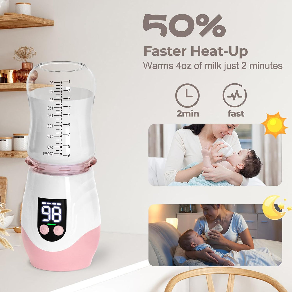 Portable Cordless Baby Bottle Warmer for Travel, Rechargeable with 8 Adapters & 1 Milk Powder Container, Safe Material, Fast Heating, Compatible with Major Brands,White