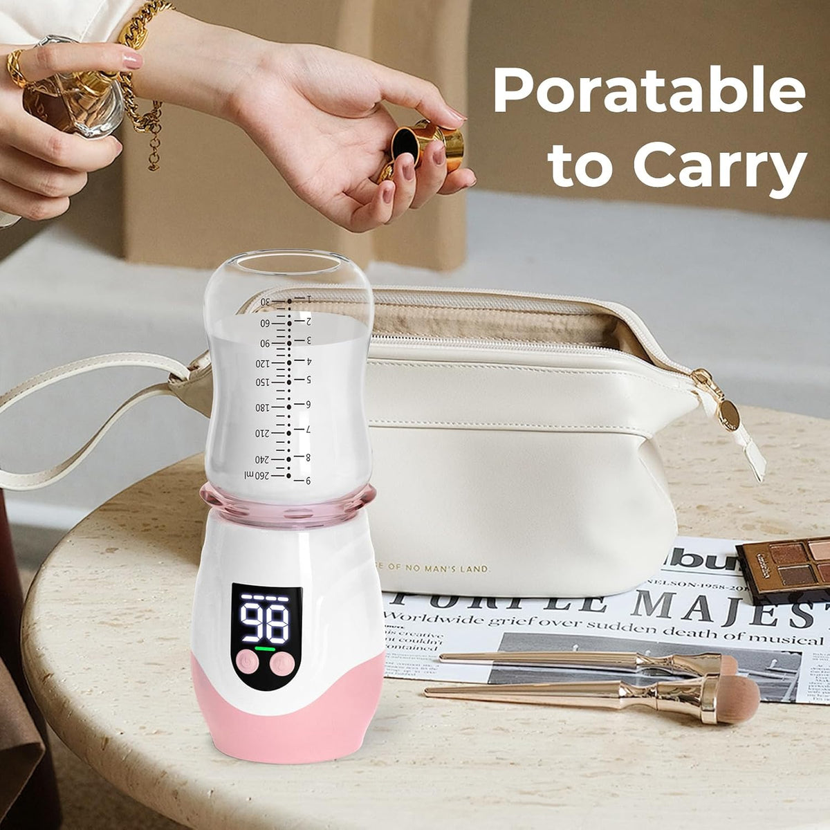 Portable Cordless Baby Bottle Warmer for Travel, Rechargeable with 8 Adapters & 1 Milk Powder Container, Safe Material, Fast Heating, Compatible with Major Brands,White