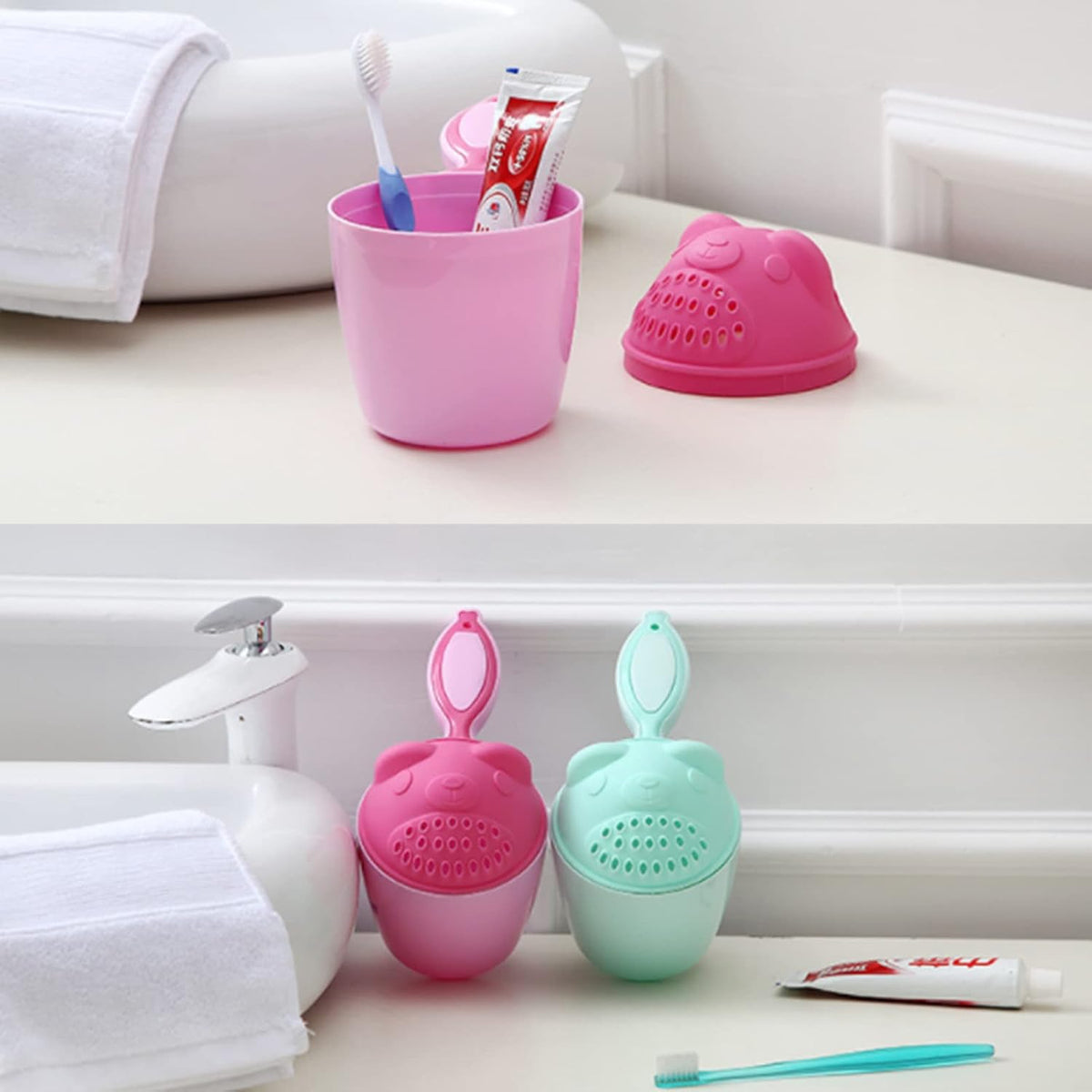Baby Rinse Cup, Shampoo & Bath Rinser, Wash Hair with 2 Pour Spouts for Protecting Kids Face and Eyes, Pink, 21x10.7x15cm/8.3x4.2x5.9in