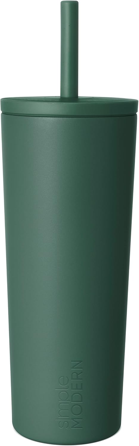 Ceramic Lined Iced Coffee Cup with Straw | 24oz, Green | Classic Signature Insulated Reusable Coffee Tumbler | Leak-Proof Silicone Straw, Silicone Base | Forest