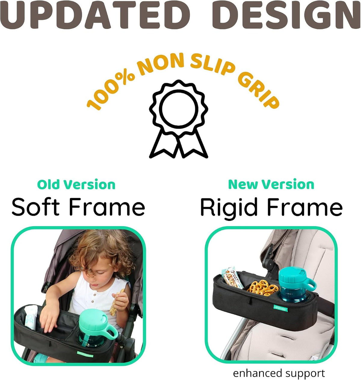 Universal Stroller Tray with Insulated Sippy Cup Holder - Upgraded Rigid Frame Stays Upright - Exclusive Non Slip Straps Firmly Grip Stroller Bar. Universal Stroller Snack Tray Attachment