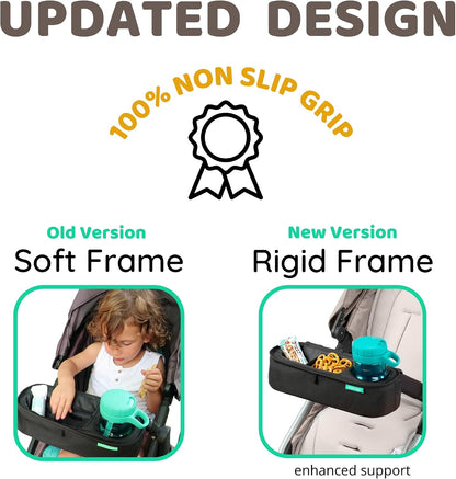 Universal Stroller Tray with Insulated Sippy Cup Holder - Upgraded Rigid Frame Stays Upright - Exclusive Non Slip Straps Firmly Grip Stroller Bar. Universal Stroller Snack Tray Attachment