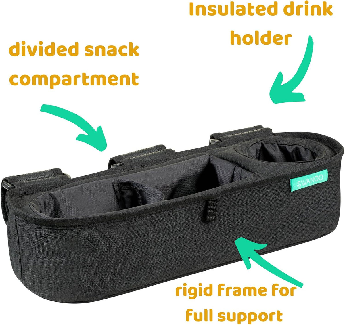Universal Stroller Tray with Insulated Sippy Cup Holder - Upgraded Rigid Frame Stays Upright - Exclusive Non Slip Straps Firmly Grip Stroller Bar. Universal Stroller Snack Tray Attachment