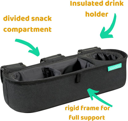 Universal Stroller Tray with Insulated Sippy Cup Holder - Upgraded Rigid Frame Stays Upright - Exclusive Non Slip Straps Firmly Grip Stroller Bar. Universal Stroller Snack Tray Attachment
