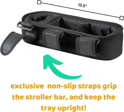 Universal Stroller Tray with Insulated Sippy Cup Holder - Upgraded Rigid Frame Stays Upright - Exclusive Non Slip Straps Firmly Grip Stroller Bar. Universal Stroller Snack Tray Attachment