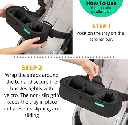 Universal Stroller Tray with Insulated Sippy Cup Holder - Upgraded Rigid Frame Stays Upright - Exclusive Non Slip Straps Firmly Grip Stroller Bar. Universal Stroller Snack Tray Attachment