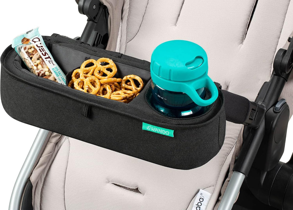 Universal Stroller Tray with Insulated Sippy Cup Holder - Upgraded Rigid Frame Stays Upright - Exclusive Non Slip Straps Firmly Grip Stroller Bar. Universal Stroller Snack Tray Attachment